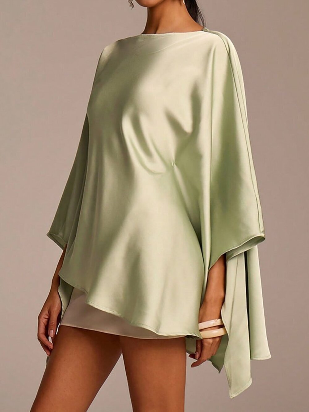 Green Elegant Women's Long Sleeve Asymmetric Satin Blouse